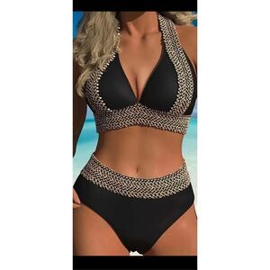 Black and gold bikini set high waisted bikini bottoms, halter neck bikini top re